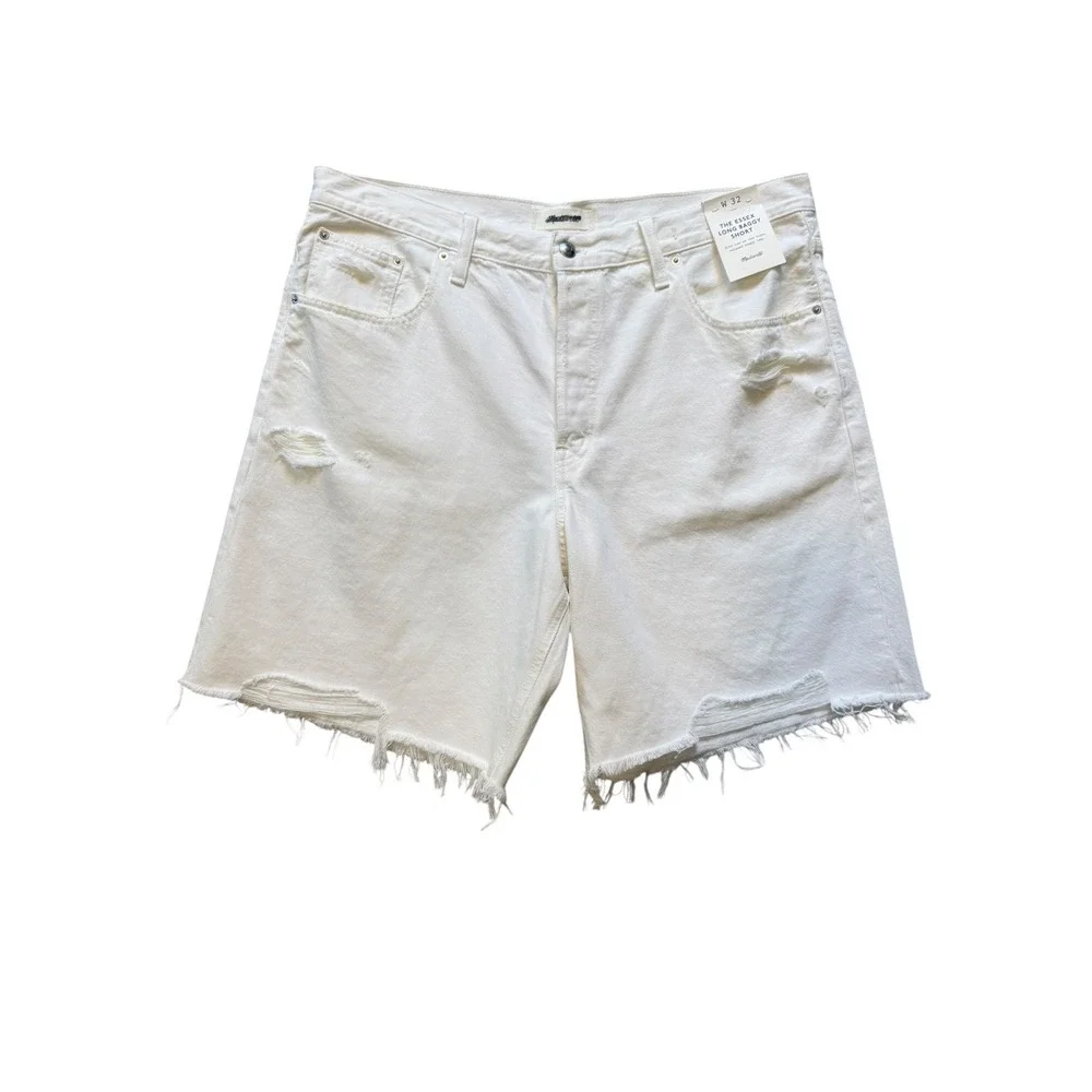 Madewell Essex Long Baggy Shorts White Distressed Raw Hem NZ135 Womens 14 32 NEW